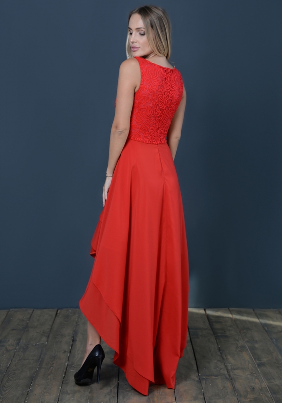 Платье с кружевным лифом и асимметричной юбкой Асти, красное - Платье с кружевным лифом и асимметричной юбкой Асти, красное