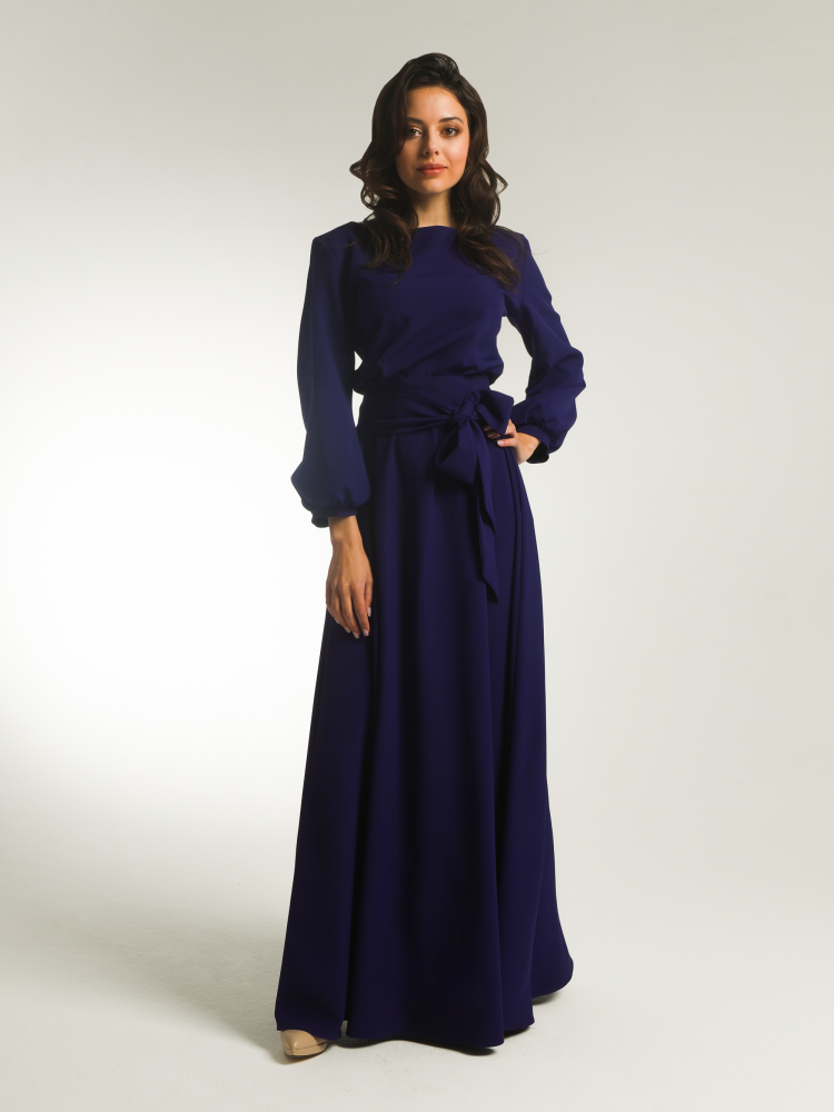 Платье в пол с рукавом фонарик Агния, синее