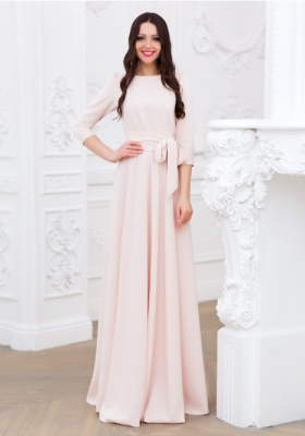 Платье в пол с поясом и длинным рукавом 5208 розовое 