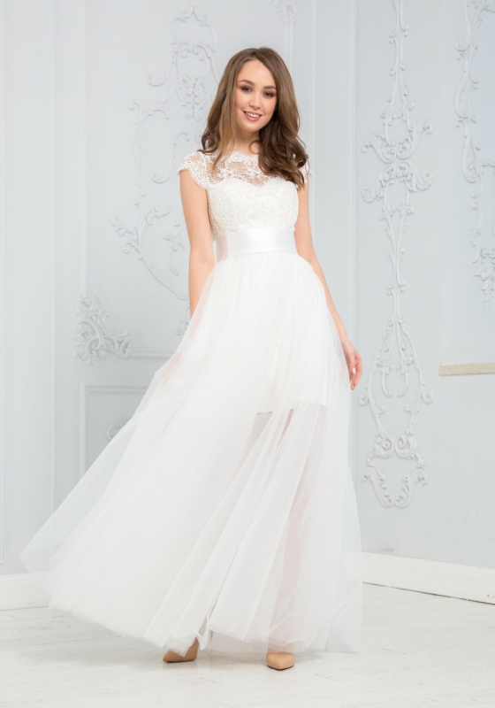 Белое платье с двуслойной юбкой разной длины, ZEK003B - Белое платье с двуслойной юбкой разной длины, ZEK003B