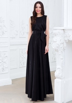 Длинное платье с поясом юбкой в складку  Eva 5214 чёрное