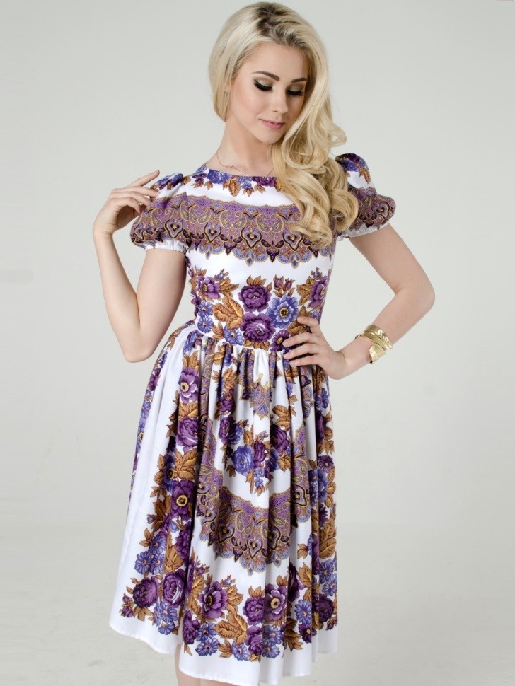 Платье с облегающим лифом и юбкой солнце  Valensia Atelier VA_009 бело-фиолетовое
