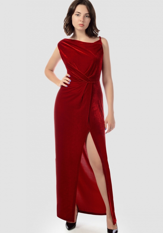 Вечернее платье из бархата с разрезом, красное - Вечернее платье из бархата с разрезом, красное