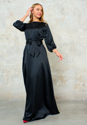 Черное платье в пол с рукавом фонарик (Агния атласное) 