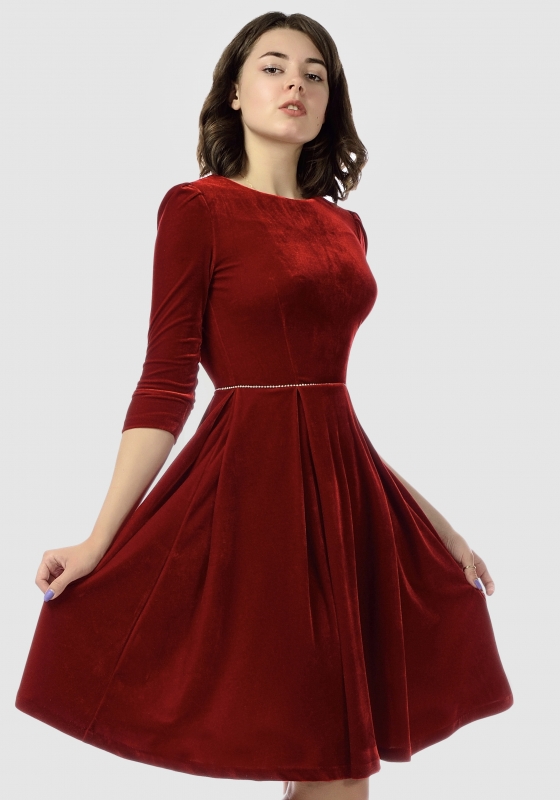 Праздничное платье из бархата с рукавом 3/4, красное - Праздничное платье из бархата с рукавом 3/4, красное