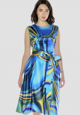 Легкое атласное платье миди, синее/мультиколор