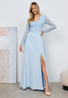 Платье длины макси с декольте и кружевным лифом (Голубой)