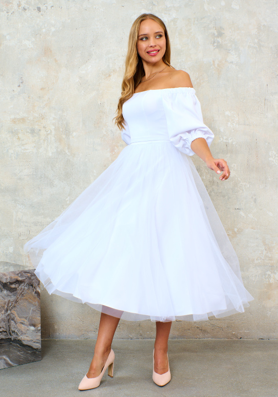 Платье длины миди с корсетом и пышной фатиновой юбкой, белый - Платье длины миди с корсетом и пышной фатиновой юбкой, белый