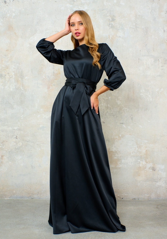 Черное платье в пол с рукавом фонарик (Агния атласное)  - Черное платье в пол с рукавом фонарик (Агния атласное) 