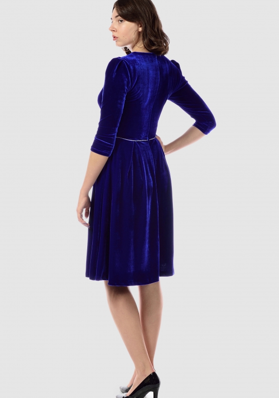 Праздничное платье из бархата с рукавом 3/4, синее - Праздничное платье из бархата с рукавом 3/4, синее